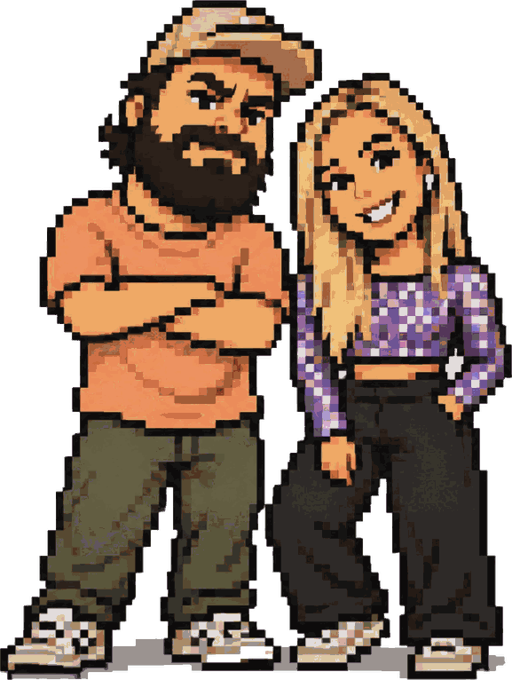 Pixel art of the two of you: a bearded guy in a cap with crossed arms and a blonde girl in a sparkly purple top